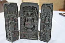 Vintage Chinese ebonised folding Triptych Buddhist Shrine
