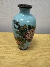Japanese Meiji Period Ginbari Cloisonne Vase, Blue Floral, Antique, Has Damage