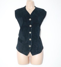 Women’s Vintage Front Black 100% Suede Leather Waistcoat Vest Size L – Lined