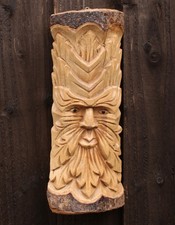 Green Man Wood Log Carving Plaque Wall Hanging Decor Hand Carved 29cm CLEARANCE