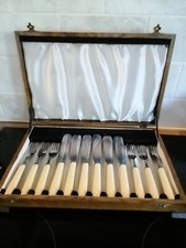 vintage fish cutlery celluloid handles wood box serving 6 collection silverplate