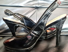 Sz 5.5 Well Worn Black Patent 11cm Peeptoe Slingback High Heels Good Condition