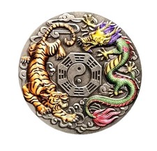 Yin Yang Tiger vs Dragon AntiqueCoin Coloured Feng Shui Medal Chinese Zodiac Art