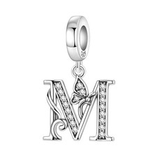 925 Sterling Silver A-Z Letter Butterfly Charm Pendant Fit Bracelet Necklace CZ