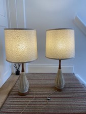 Pair Tall 60s70s Style USA made Leviton Lamps brown wood with beige shades