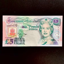 GIBRALTAR. 1995 QUEEN ELIZABETH II £5 BANKNOTE. AA PREFIX, HIGH GRADE, SUPERB.