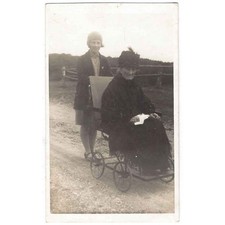 SOCIAL HISTORY Woman Pushing Old Lady in Pram Style Wheelchair, RP Postcard