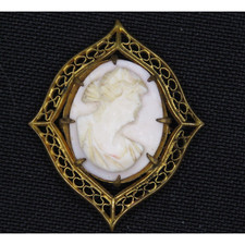 Vintage Brooch Brass Filigree Cameo Cream Color Pin Gold Tone Antique Gift Box