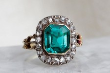Antique Stunning Synthetic Emerald and Diamond Cluster Ring 18ct Yellow Gold