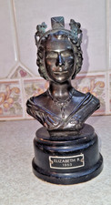 RARE 1953 CORONATION QUEEN ELIZABETH II SPELTER BUST ON WOODEN BASE