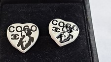 COCO CHANEL MADEMOISELLE WHITE BLACK ENAMEL HEART STUD EARRINGS