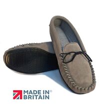 Mens Moccasin Slippers Grey Hard Sole Real Suede Check Lining Cooper Footwear