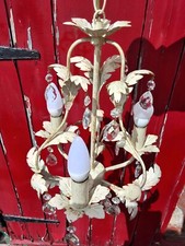 TOLEWARE STYLE WHITE & GOLD METAL LEAF & GLASS CRYSTALS CEILING LIGHT CHANDELIER