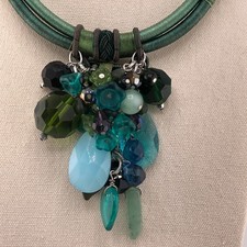 Charm Bead Necklace Green & Blue Bead Charms Corded Festival Hippy Retro Surf