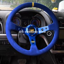 350mm Blue Suede Leather Deep Dish Racing Steering Wheel Fit MOMO Hub OMP hub
