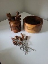 Vintage Wooden And Metal Olive Pickers In Turned Wooden Holder Along Wooden Bowl