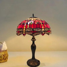 16 Inch Red Tiffany Style Handcrafted Stained Glass Table Lamp Bedside Light