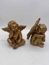 Pretty Pair Vintage Gold Colour Cherub Angel Sculptures Christmas