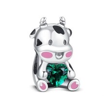 Adorable Green Crystal Cow Charm. S925 Sterling Silver   Great Gift Lovely Charm
