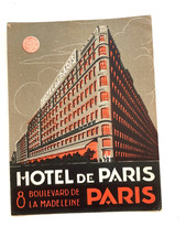 Vintage Travel Luggage Label for "Hotel de Paris" Paris, France   *