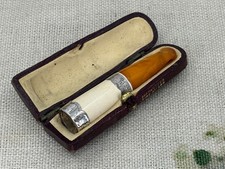 ANTIQUE meerschaum amber cheroot holder sterling silver bands h/m 1899 in case