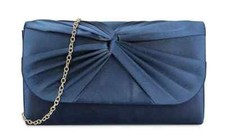 Navy Satin Pleated Clutch Bag