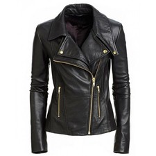 Ladies Women Black Slim Fit Biker Lambskin Leather Designer Soft Leather Jacket