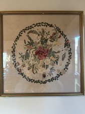 Floral Needlework Tapestry Vintage Framed, Completed Picture