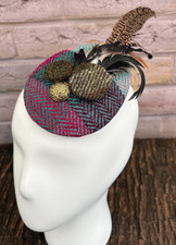 Stunning Genuine HARRIS TWEED Fascinator Pink Green Check Feathers Bow  (34)B