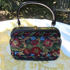 Vintage Carpet Tapestry Bag Purse 60s Handbag Black Floral Chenille Boho Granny