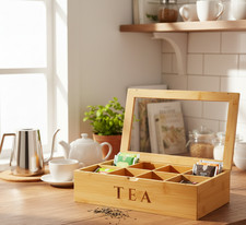 Bamboo Wood 8 Compartment Tea Bag Coffee Box Kitchen Storage Chest Organiser