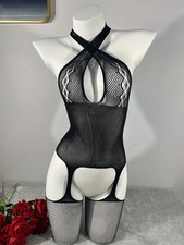 Sexy Black Halter Neck Crotchless Bodystocking Open Crotch Bodystocking One Size