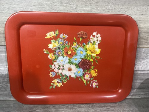 Vintage metal tray - red, floral