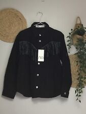 Zara Black Denim Studded Fringe Western Jacket S UK10 Bnwt G205S