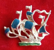 Vintage Sailing Ship Boat Galleon Blue Sails Enamel Signed Hollywood Brooch