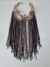 Gold Tone Red Black Beaded Fringe Statement Necklace