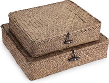Hipiwe Set of 2 Flat Woven Wicker Storage Bins with Lid Natural Seagrass Basket 