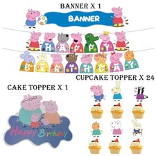 Peppa Pig Theme Birthday Party Banner Cake Toppers Kids Balloon Party Decoration