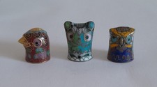 Collection of 3 Cloisonne Enamelled Animal Thimbles - Bird, Cat & Owl
