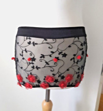 (defective) Mini short skirt with flowers black red black mesh see-through sheer
