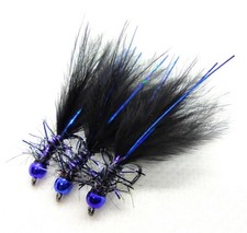3 X Blue Flash Black Damsel Trout Flies UV Straggle Body Size 12 Barbless