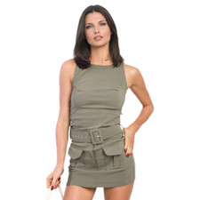 Womens Sleeveless Playsuit Ladies Belted Dress Combat Cargo Pocket Skort Set