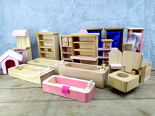 Job Lot 14+ Wooden Dollhouse Miniature Furniture Kit DIY Unfinished Pink Bathroo