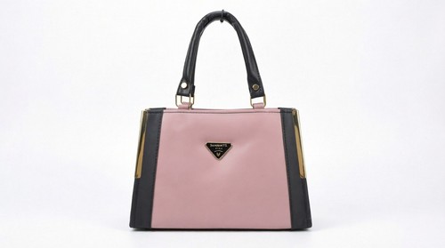 Pink and black handbag with - and,