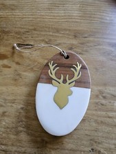 4" Oval Marble & Wood Brass Deer Head Horns ~Cabin~Farmhouse Decoration Ornament