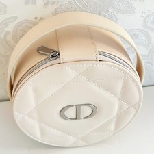 CHRISTIAN DIOR ⭑ Pouch IVORY Round Quilted Vanity Case Cream Makeup Bag + Mirror