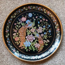 Hand Made in Rhodes  24K Gold, Black Ceramic, Peacock Design Plate 9.5"