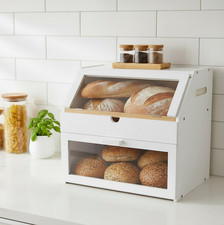 White 3 Compartment Bamboo Bread Bin Double Layer Storage Box With Drawer