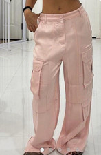 ZARA Satin Pink Cargo Trousers Size Large High-Waist Cargo Wide Leg Pants 32W
