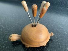 Vintage Set Of 6 Wooden Handle Olive Picks With A Wooden Tortoise Holder